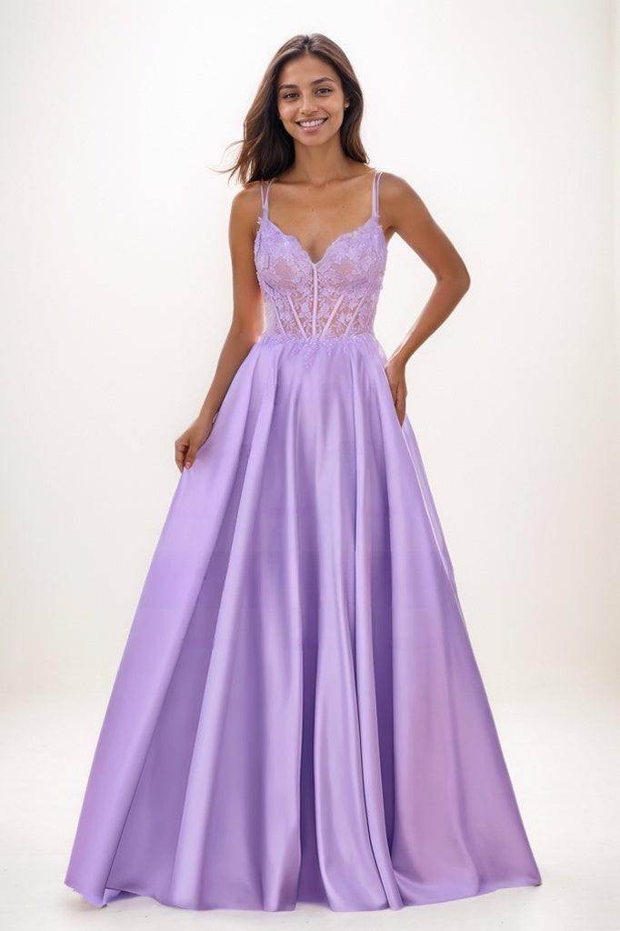 V-Neck Lace Illusion Corset A-Line Satin Prom Dresses CS0780 - COCOMELODY